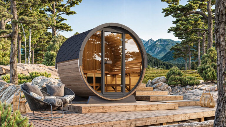 Photorealistic 3D visualization of a sauna with visible interior through glass walls, outdoor seating, and a mountain landscape backdrop, showcasing Nordic Render’s 3D capabilities.