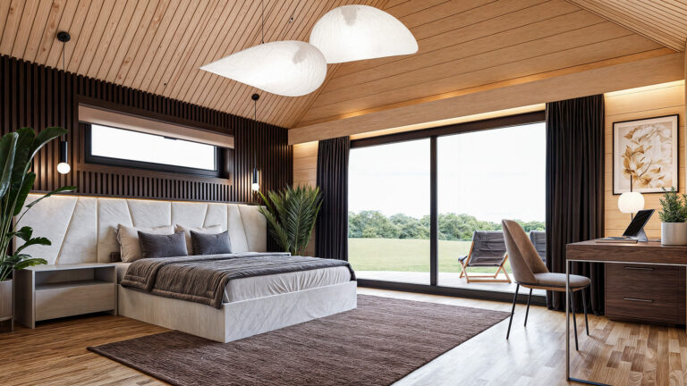 3D virtual tour interior view allowing full exploration of a bedroom with realistic textures, furniture details, and indoor-outdoor connection.
