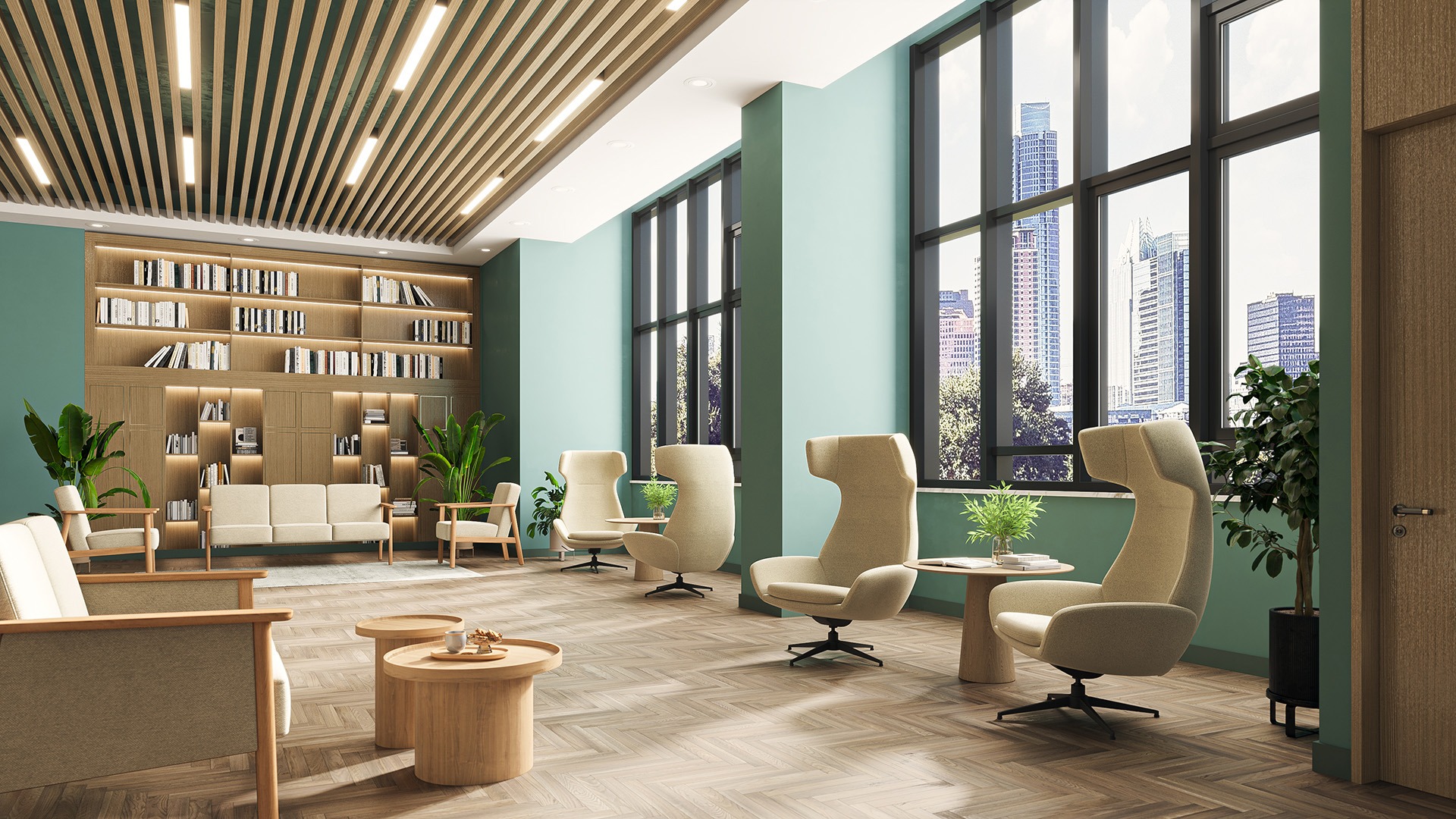Professional 3D visualization showcasing a contemporary office interior with glass façades, urban views, and realistic furniture details.