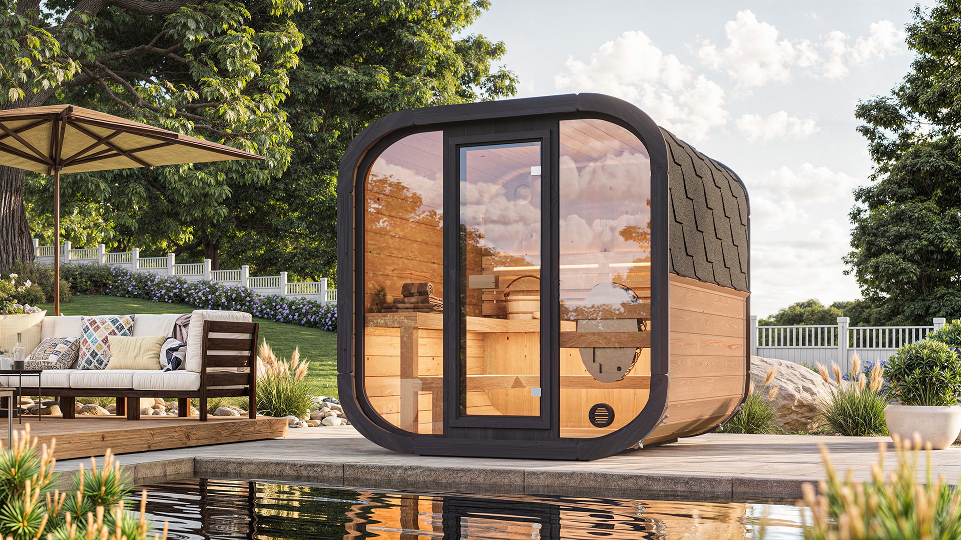 High-quality 3D visualization showcasing a modern sauna with glass surfaces, warm interior details, poolside placement, and garden surroundings.