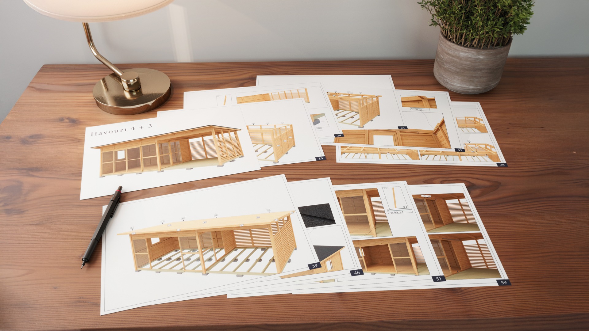 Step-by-step assembly guide with detailed 3D visuals showing how to build a wooden structure, created by Nordic Render.