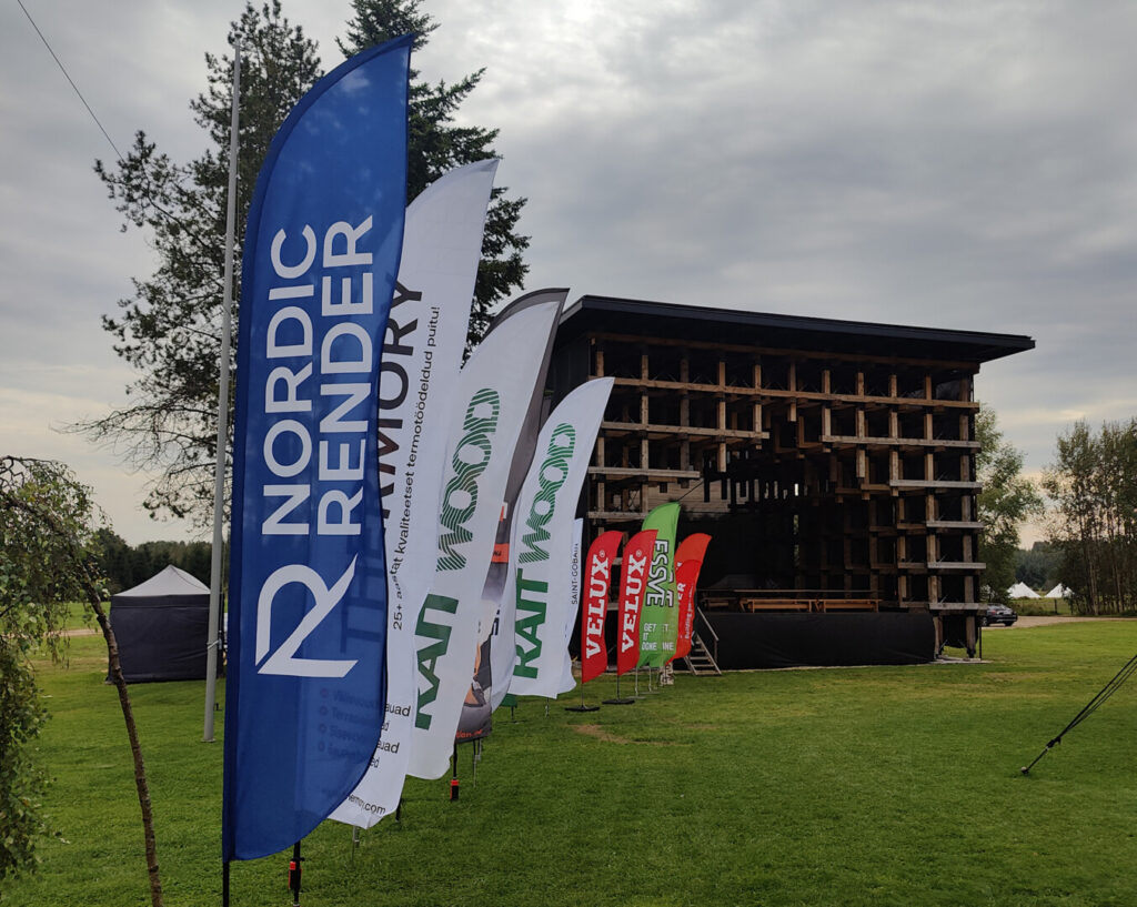 Nordic Render flag displayed at the Woodhouse Summer Conference 2025, highlighting the company's participation in the Prefab House of the Year event.