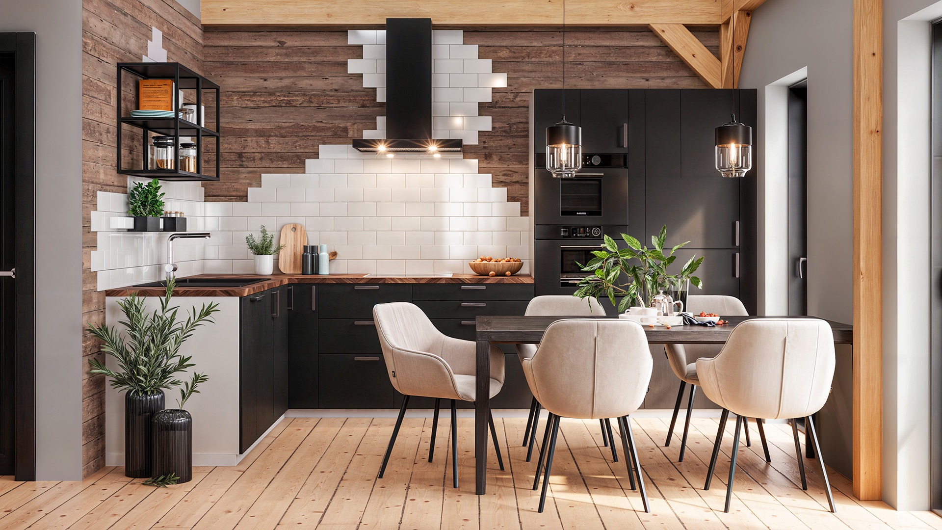 High-quality 3D interior visualization showcasing a Scandinavian-style dining area with kitchen backdrop and refined materials.