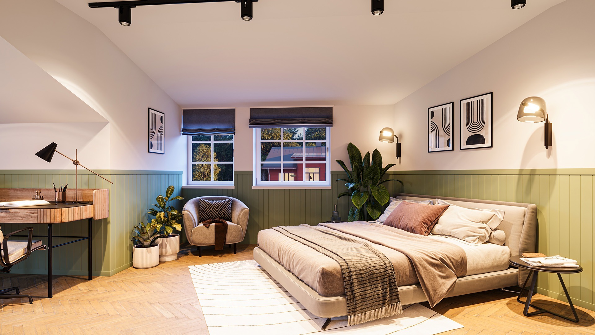 Photorealistic 3D visualization of a warm, cozy bedroom interior with bed and indoor plants, created by Nordic Render.