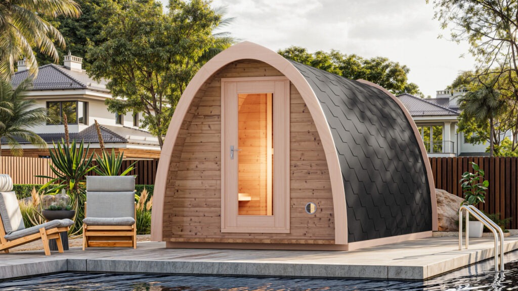 Fotorealistisches 3D-Rendering einer Iglu-Sauna von NordEst Saunas, installiert neben einem Pool im Garten – visualisiert von Nordic Render.