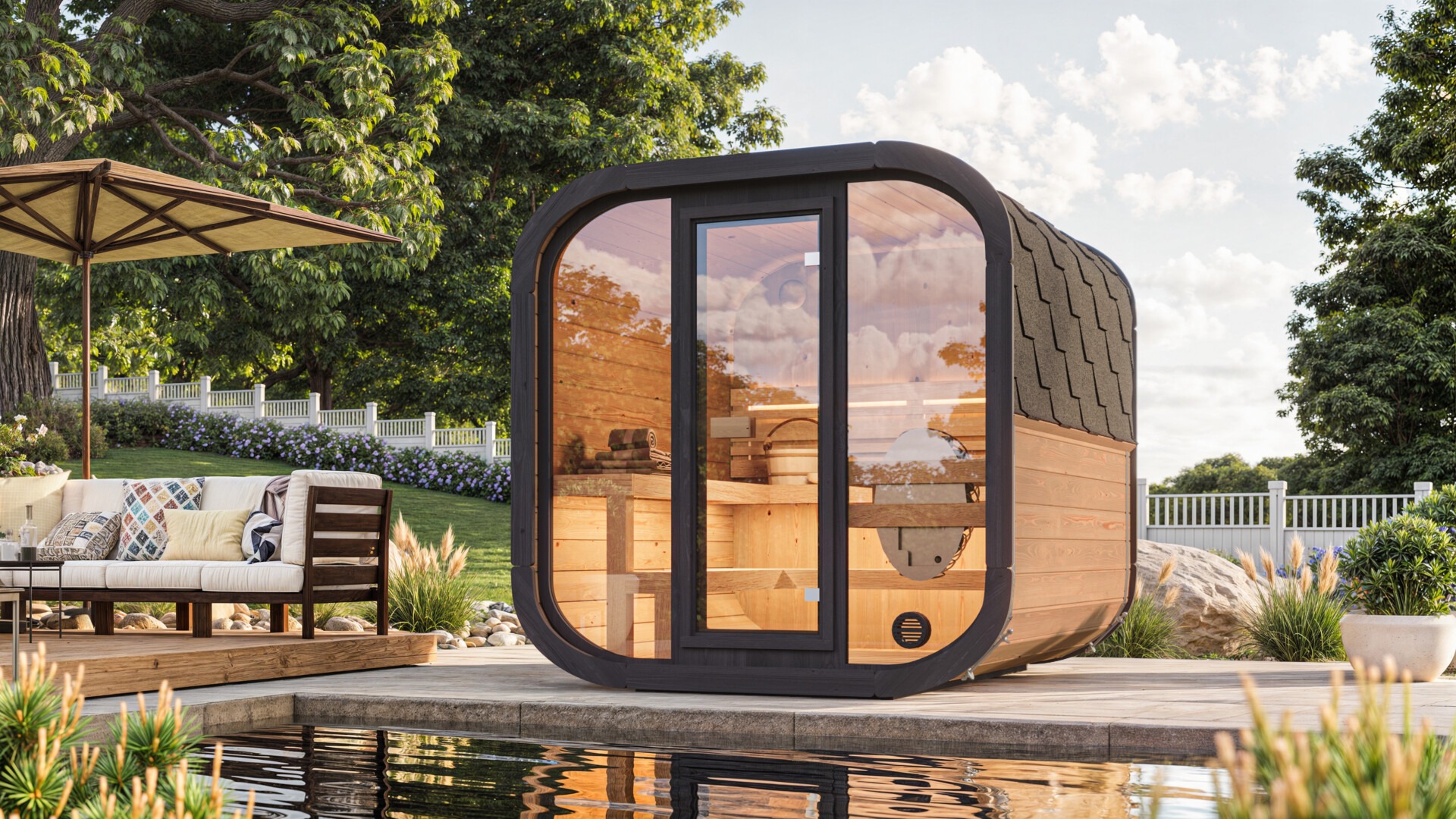 Photorealistic 3D rendering of a modern NordEst Saunas outdoor sauna in a landscaped U.S. backyard, with warm interior lighting
