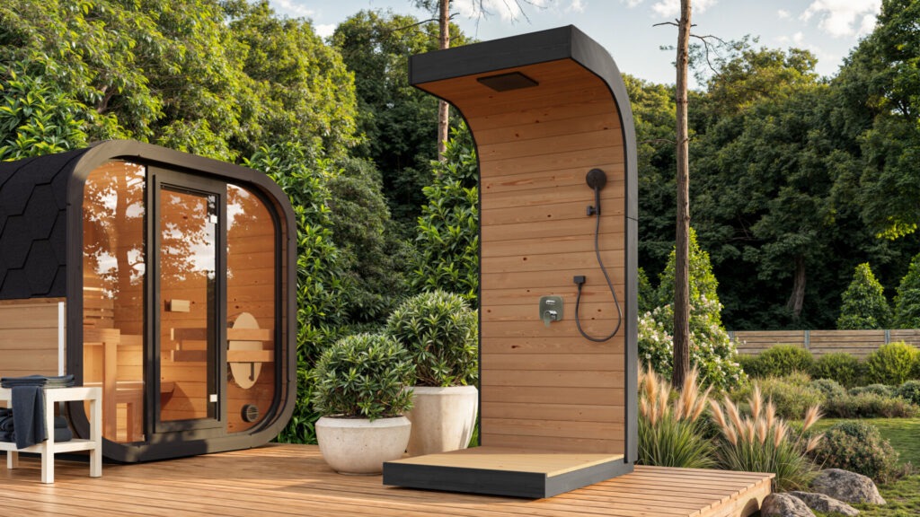 Photorealistic 3D rendering of an outdoor sauna and shower in a modern U.S. backyard garden, created by Nordic Render.