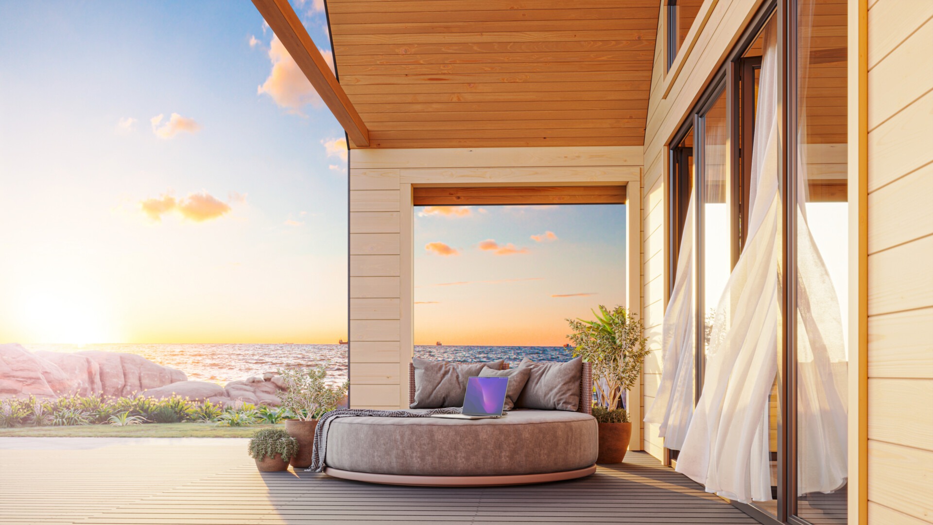 Photorealistic 3D visualization of a seaside home terrace with soft evening light, natural materials, and an inviting lounge area that conveys lifestyle and emotional connection.